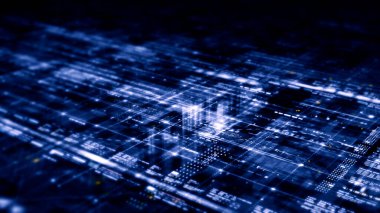 Holografik Dünya ve dijital arkaplan için dijital veri telemetrisi bilgi görüntüleme ekranı ile geleceksel hareket grafik kullanıcı arayüzü baş yukarı