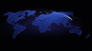 Tokyo, Japonya 'dan dünyadaki diğer büyük şehirlere küresel bağlantı. Teknoloji ve ağ bağlantısı, ticaret ve seyahat kavramı. NASA tarafından desteklenen bu klibin dünya haritası ögesi