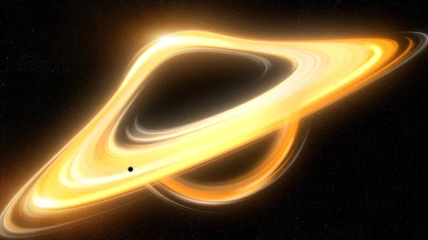 激しい重力の渦は 光が曲がり ブラックホールの神秘的で畏敬の念を抱く力によって発生するイベントの地平線の周りに広がる視覚的な歪みを作り出します — ストック写真