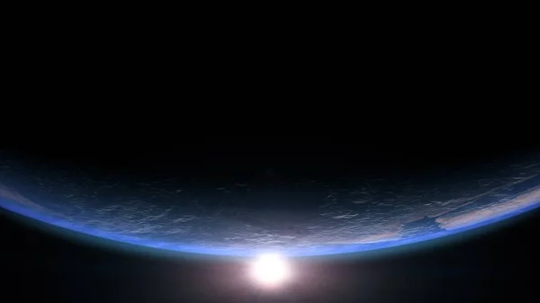 惑星地球の3Dレンダリング図3Dイラストは 惑星の地平線上に上昇する太陽と照らされた日光側に夜間から移動する回転を上昇させます — ストック写真