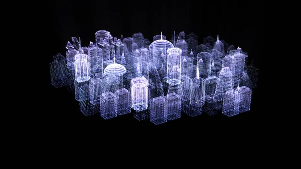 Vooruitgang Holografische Stad Digitaal Gegenereerde Beeld Virtual Reality Matrix Deeltjes — Stockfoto