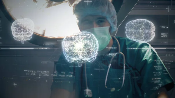 Futuristic Biomedical Concept Doctor Using Advance Holographic Scanning Patient Brain — Stock Photo, Image