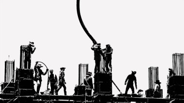 Siluet stilize edilmiş inşaat işçilerinin yapı iskelesinde çalışması döküm kalıbının içine çimento dökülmesi. İnşaat konsepti