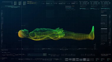 Gelecekteki baş ekran hareket elementi sanal biyomedikal holografik insan vücut taraması nörolojik inceleme, eksensel iskelet, omurga, DNA ve kalp taraması