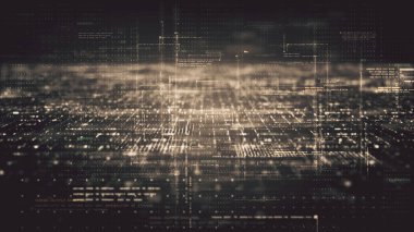 Gelişmiş hareket soyut dijital oluşturulmuş matris siber ortamı büyük veri analitik yapay zeka simülasyonu, baş yukarı ekran arkaplanı