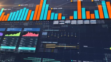 İş dünyası borsası, ticaret, animasyon grafikleri, grafikleri ve veri sayıları içgörü analizi ile bilgi grafiği iş toplantısı için monitör ekranında gösterilecek.