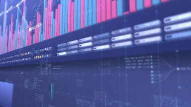 İş dünyası borsası, ticaret, animasyon grafikleri, grafikleri ve veri sayıları içgörü analizi ile bilgi grafiği iş toplantısı için monitör ekranında gösterilecek.