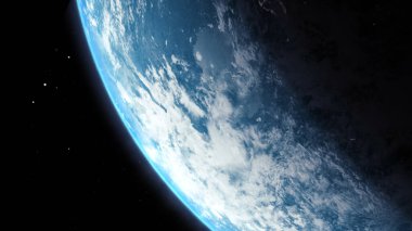 Dünyanın yükseliş rotasyonunun sinematik üç boyutlu bir canlandırması. Gece tarafından gün ışığına doğru hareket ediyor ve güneş gezegenin ufkunda yükseliyor.