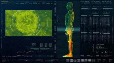 Gelecekteki baş ekran hareket elementi sanal biyomedikal holografik insan vücut taraması nörolojik inceleme, eksensel iskelet, omurga, DNA ve kalp taraması