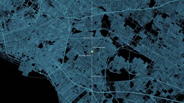 Uydu GPS koordinat araması ve hedef izleme ile gelecekçi dijital şehir haritası düzeni, arkaplan görüntüleme için veri telemetri bilgisiyle baş ekran arayüzü