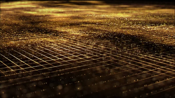 网络空间环境下未来数字化生成的金抽象解焦颗粒网格运动 — 图库照片