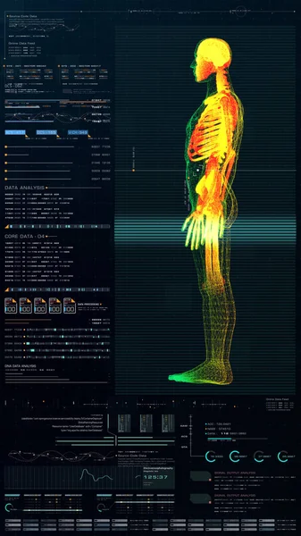 未来的な頭部の表示の動き要素 仮想生物医学のホログラフィックの人体は神経学的検査 脊椎のコラム 背景のためのDnaおよび心臓の診断をスキャンします — ストック写真