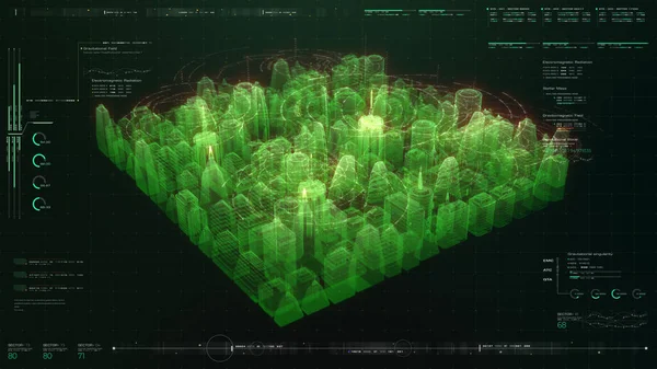 Görüntüleme Dijital Siber Şehir Parçacıkları Hud Arkaplan — Stok fotoğraf