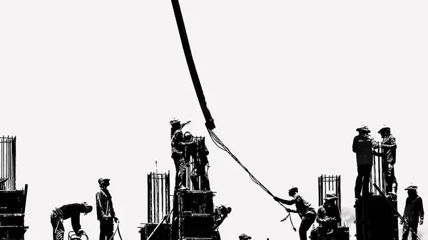 Silueta Stylizovala Koncept Stavebních Dělníků Lešení Pracujících Průmyslovém Staveništi Směřujícím — Stock fotografie