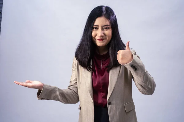 Portrait Young Asian Business Woman Showing Thumb Studio Shot Business — Stock Photo, Image