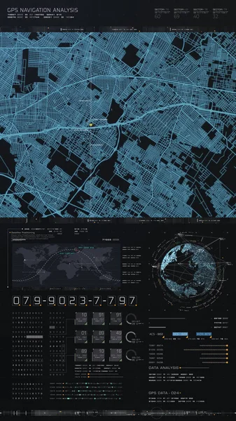 带有卫星Gps坐标搜索和目标跟踪的未来数字城市地图布局 带有数据遥测信息的接口头向上显示屏用于背景显示 — 图库照片