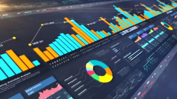 商业股票市场 信息图形 动画图形 图表和数据数字洞察分析将显示在商业会议模拟主题的监控显示屏上 — 图库照片
