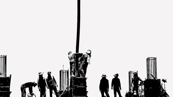 Silhouette Stylized Concept Construction Workers Scaffolding Working Industrial Construction Site — Stock Photo, Image
