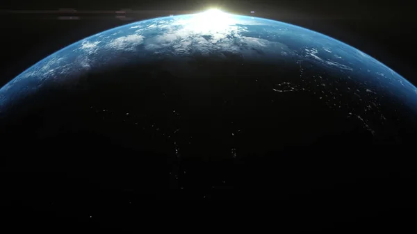 惑星地球の3Dレンダリング図3Dイラストは 惑星の地平線上に上昇する太陽と照らされた日光側に夜間から移動する回転を上昇させます — ストック写真