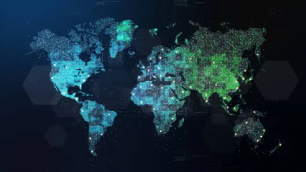 世界中の都市間のブロードバンドインターネット接続を介した未来的なグローバル5G世界的なコミュニケーション マトリックス粒子大陸マップ ディスプレイバックグラウンド — ストック写真