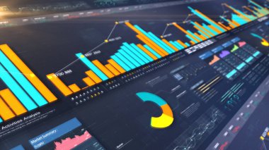 İş dünyası borsası, ticaret, animasyon grafikleri, grafikleri ve veri sayıları içgörü analizi ile bilgi grafiği iş toplantısı için monitör ekranında gösterilecek.