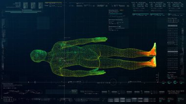 Gelecekteki baş ekran hareket elementi sanal biyomedikal holografik insan vücut taraması nörolojik inceleme, eksensel iskelet, omurga, DNA ve kalp taraması