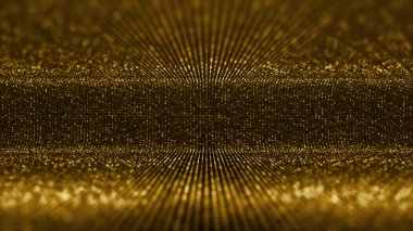 Sahne performansı gösterisi ve video jokey döngüsü arka planı için fütüristik sanal sahne altın parçacıkları ve zarif ışıklar soyut ışıltı deseni