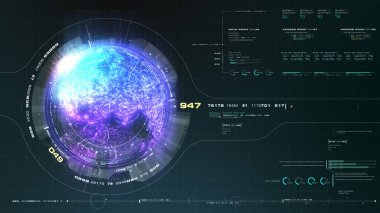 Dijital arkaplan bilgisayar masaüstü ekranı için Holografik Dünya ve dijital veri telemetri bilgi görüntüsü ile geleceksel hareket grafik kullanıcı arayüzü baş yukarı ekran