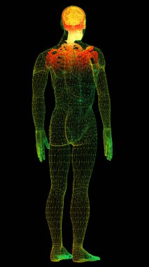 Gelecekteki baş ekran hareket elementi sanal biyomedikal holografik insan vücut taraması nörolojik inceleme, eksensel iskelet, omurga, DNA ve kalp taraması arka plan görüntüleme için