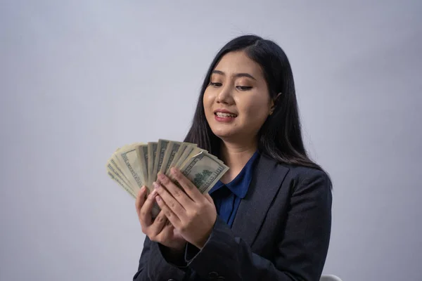 Portrait Young Asian Business Woman Money Studio Shot Business Concept — Stock Photo, Image