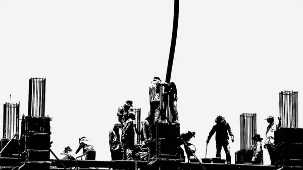 Conceito Estilizado Silhueta Trabalhadores Construção Civil Andaimes Que Trabalham Local — Fotografia de Stock