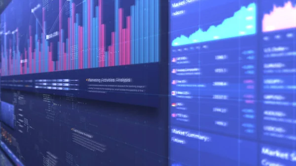 商业股票市场 信息图形 动画图形 图表和数据数字洞察分析将显示在商业会议模拟主题的监控显示屏上 — 图库照片