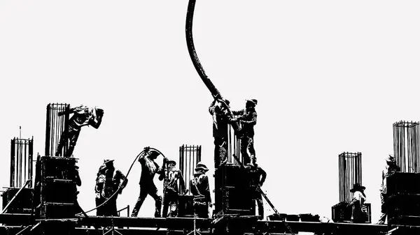 Silueta Stylizovala Koncept Stavebních Dělníků Lešení Pracujících Průmyslovém Staveništi Směřujícím — Stock fotografie