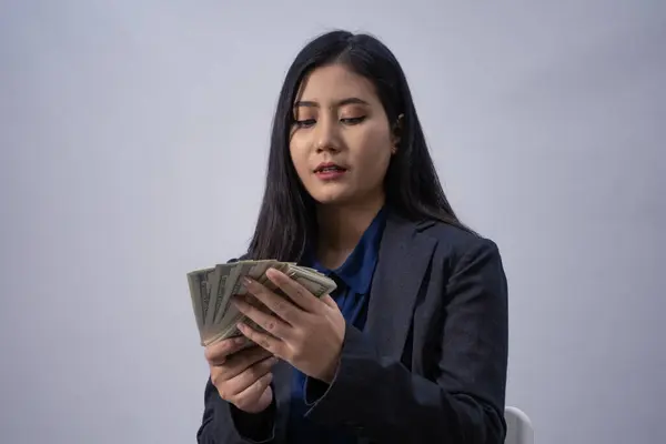 Portrait Young Asian Business Woman Money Studio Shot Business Concept — Stock Photo, Image