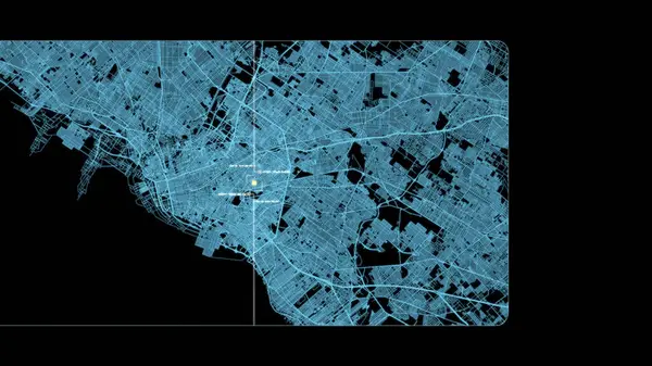 衛星Gps座標の検索およびターゲット追跡が付いている未来的なデジタル都市の地図のレイアウト 背景表示のためのデータ テレメトリ情報が付いているインターフェイス頭部の表示画面 — ストック写真