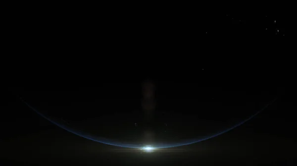 在电影3D渲染3D中 地球升起的自转从夜晚移动到光天化日之下 太阳在行星的地平线升起 — 图库照片