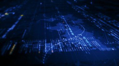 Gelecekçi soyut odak kaybı veri matrisi, meta, metaverse, telemetri ve sayıların siber uzay ortamındaki parçacıklar simülasyonunda baş ekran arkaplanı için şifrelenmesi