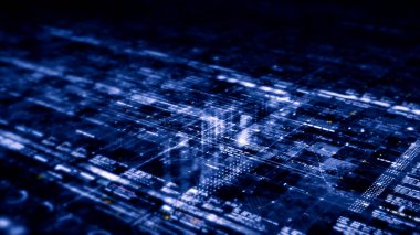 Gelecekçi soyut odak kaybı veri matrisi, meta, metaverse, telemetri ve sayıların siber uzay ortamındaki parçacıklar simülasyonunda baş ekran arkaplanı için şifrelenmesi