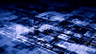 Gelecekçi soyut odak kaybı veri matrisi, meta, metaverse, telemetri ve sayıların siber uzay ortamındaki parçacıklar simülasyonunda baş ekran arkaplanı için şifrelenmesi