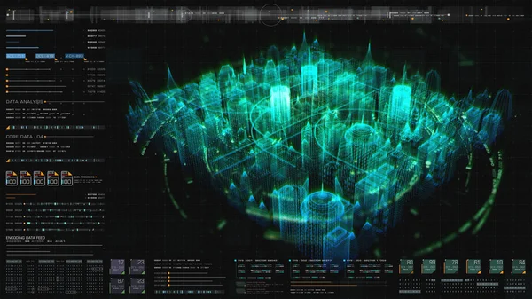 Renderowania Cyber City Cyfrowe Cząstki Tle Hud — Zdjęcie stockowe