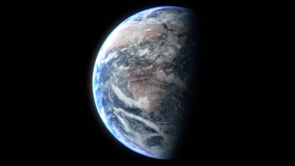 在电影3D渲染3D中 地球升起的自转从夜晚移动到光天化日之下 太阳在行星的地平线升起 — 图库照片