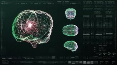Tıbbi konsept: Sanal holografik beyin taraması analizi biyomedikal nöron patolojisi ve Alzheimer ve akli dengesizlik için tanı verilerinin 3D illüstrasyon füistik başı