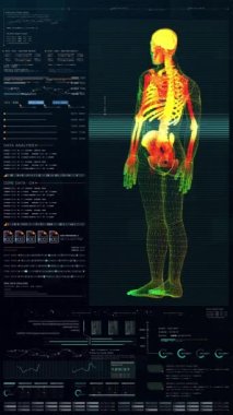 Fütüristik hareket elemanı arayüzü bilgi teknolojisi sanal biyomedikal holografik insan vücut taraması veri ve telemetri baş ekranı arkaplan bilgisayar masaüstü ekranı için