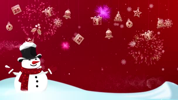 雪が降る季節の冬の休日の風景に関連するグラフィックアイコンをドロップダウンしてクリスマスと新年のアニメーション — ストック動画
