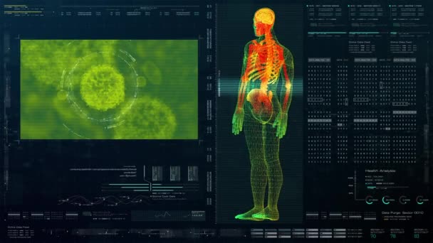 未来的な動き要素ユーザーインターフェイス情報技術 バックグラウンドコンピュータのデスクトップ スクリーンのためのデータおよびテレメトリーの頭部の表示が付いている仮想生物医学的なホログラフィックの人体の診断をスキャンして下さい — ストック動画