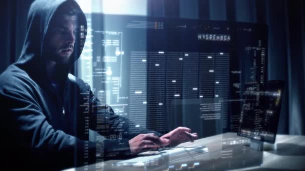 Futurystyczny Haker Pracujący Pod Przykrywką Anonimowych Wykorzystuje Zaawansowane Algorytmy Infiltracji — Wideo stockowe
