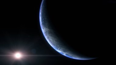 Dünyanın yükseliş rotasyonunun sinematik üç boyutlu bir canlandırması. Gece tarafından gün ışığına doğru hareket ediyor ve güneş gezegenin ufkunda yükseliyor.