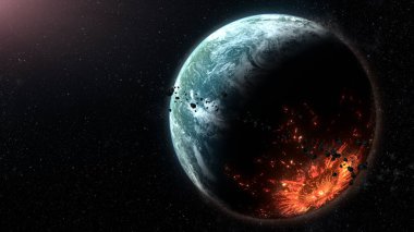 Tanrı 'nın Çekici. Başka bir galaksideki gelecekteki derin uzay keşfi kavramı, gezegenin etrafında yüzen kaya parçalarıyla dolu büyük bir göktaşı tarafından çarpılan yeni bir yabancı gezegen keşfetmek.