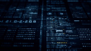Gelecekçi soyut odak kaybı veri matrisi, meta, metaverse, telemetri ve sayıların siber uzay ortamındaki parçacıklar simülasyonunda baş ekran arkaplanı için şifrelenmesi