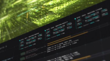 Gelişmiş veri matrisi simülasyon UI 'si, birbirine bağlı veri matrisi bilgi ağlarının dinamik ve sürükleyici bir görüntüsüyle son teknoloji dijital ortama sahip.